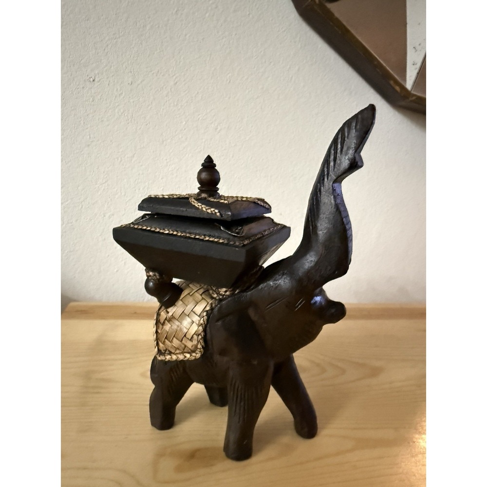 VTG Rare Hand‎ Carved Wooden Elephant Covered Ashtray Nickel Inlaid Boho 8.25"